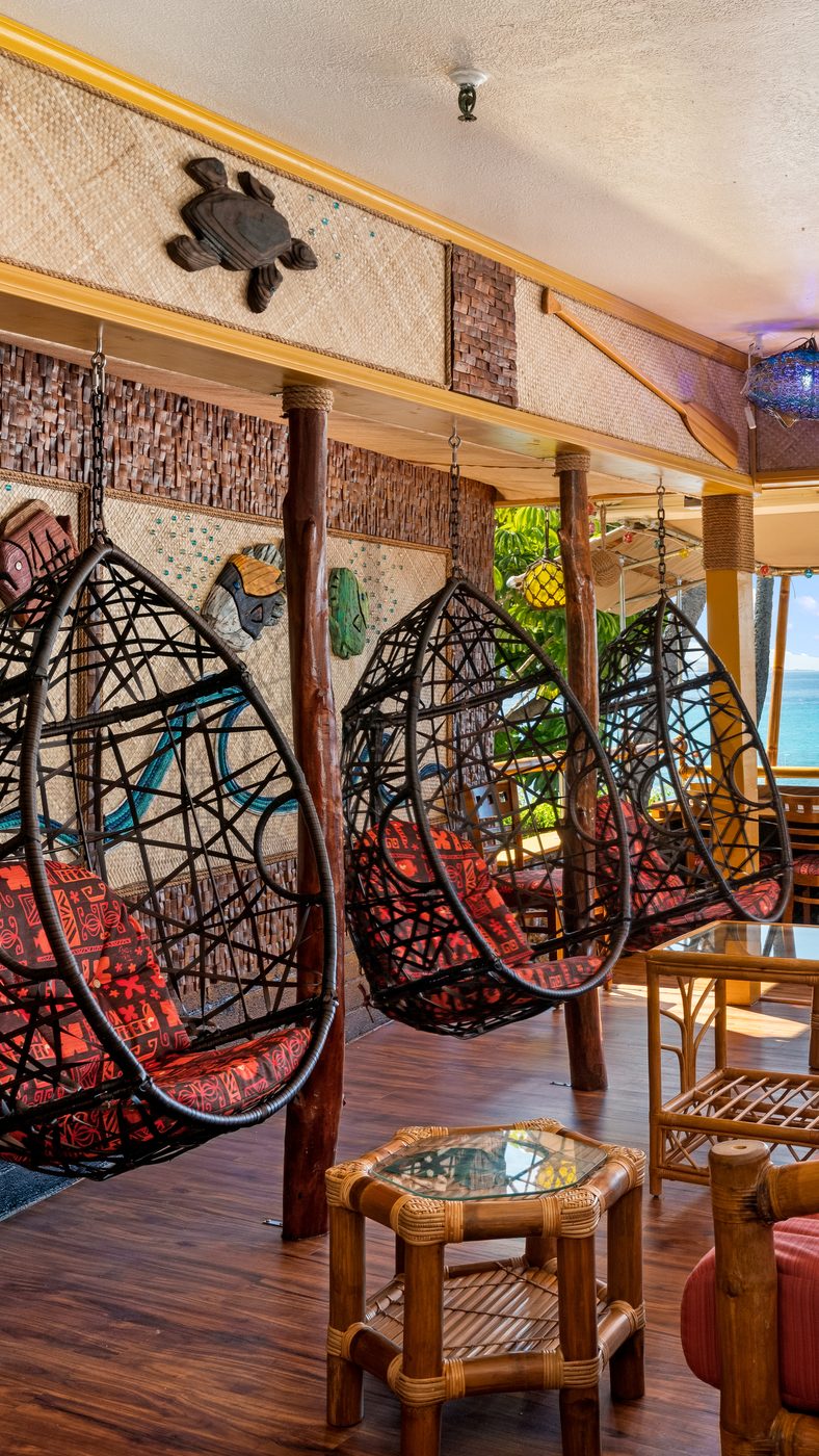 Hanging egg chairs with ocean view